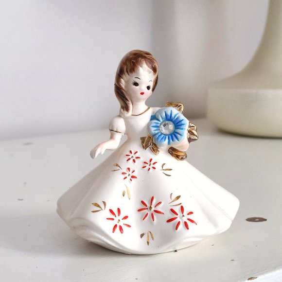 Vintage Josef Originals Diamond April Birthstone Girl Doll Figurine Blue Flower